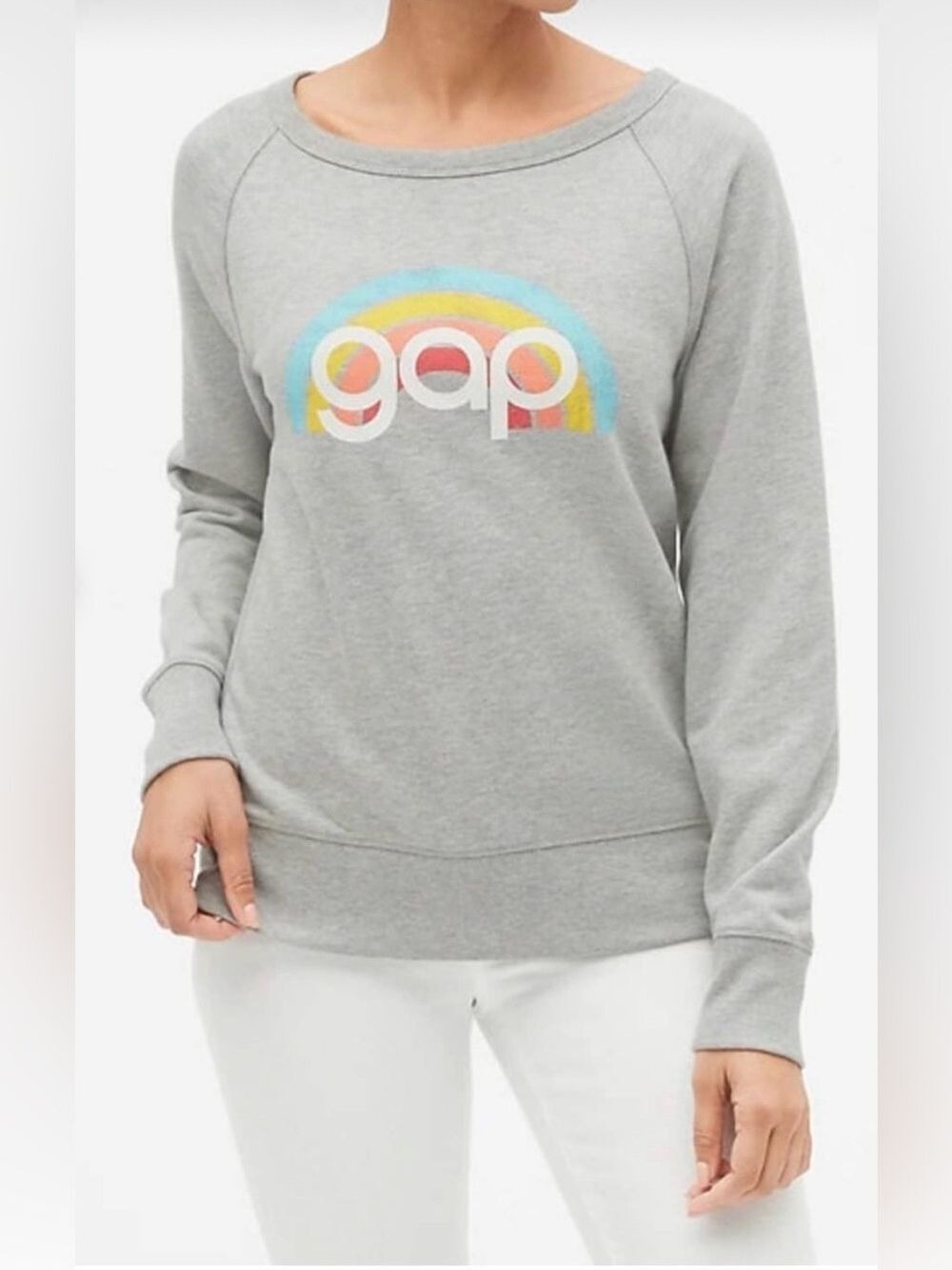 GAP retro pullover Light Gray Sweatshirt with Pastel Rainbow Logo size medium